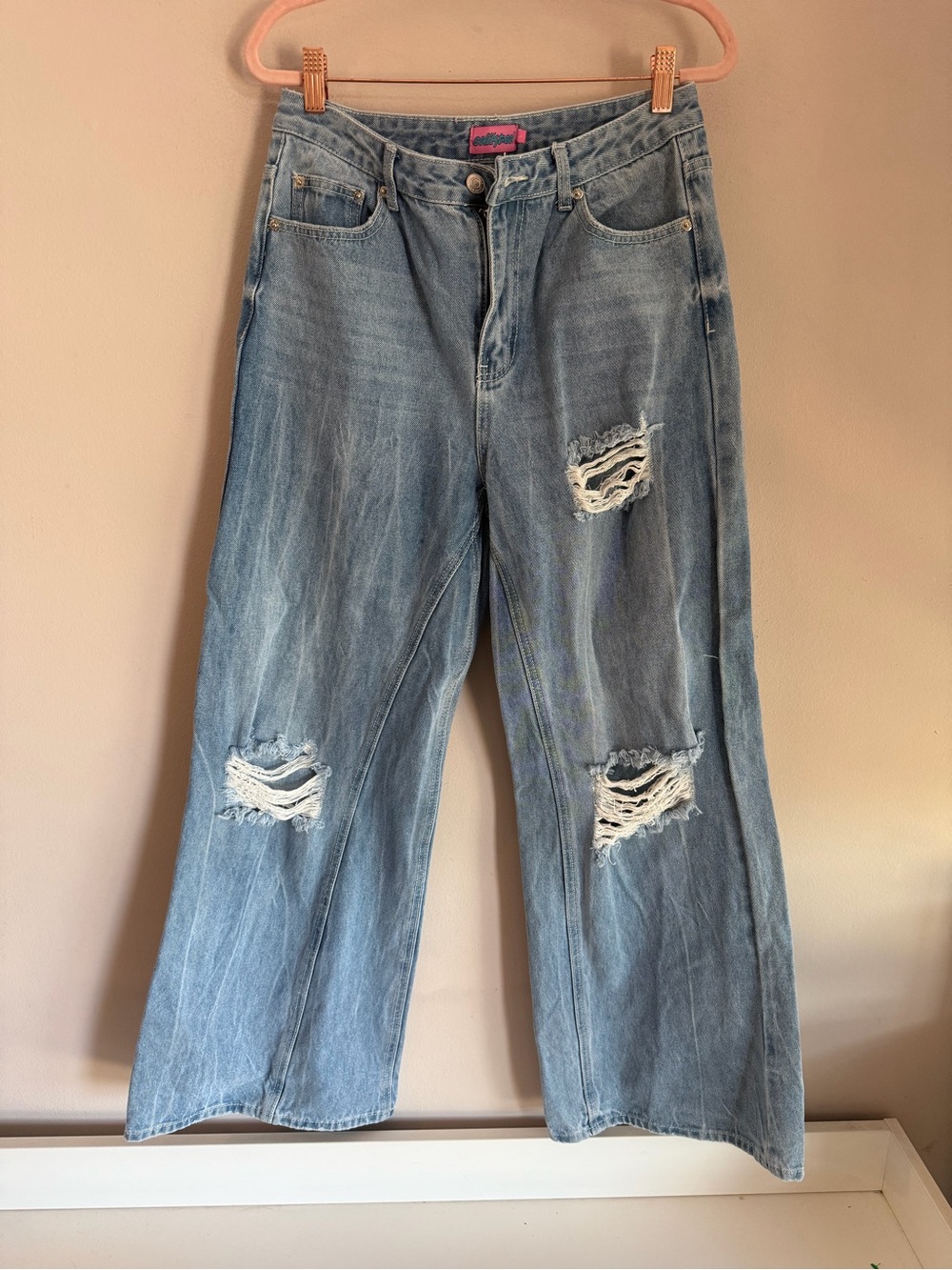 Edikted Light Wash Distressed Ripped Wide Leg Jeans Blue Size L